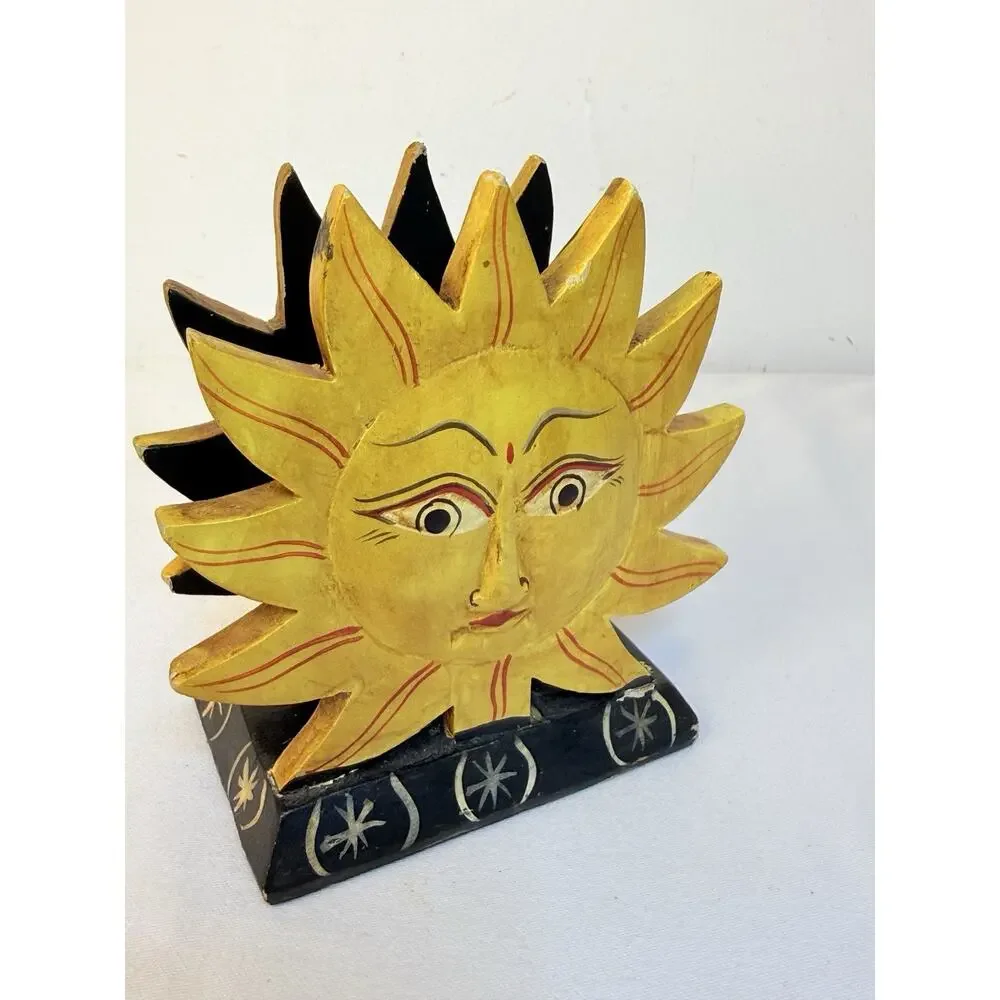 Vtg Folk Art Hand Painted Wooden 90’s Sun Face Napkin/ Letter Holder -read